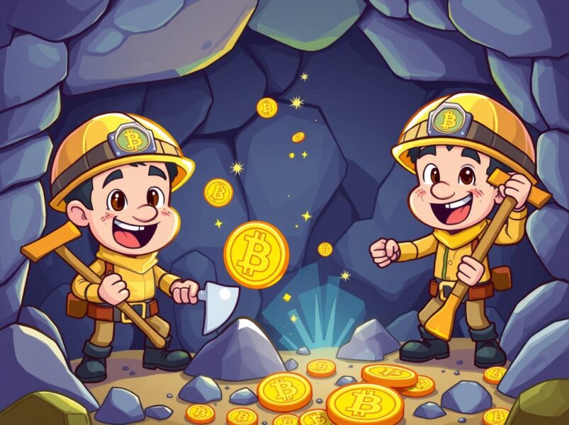 Bitcoin miners strategically accumulating digital currency in vibrant mining operation