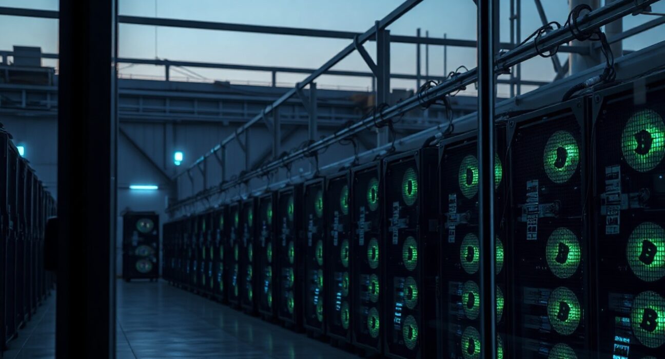 Rows of Bitcoin mining machines in an industrial facility, illustrating the scale of mining operations.