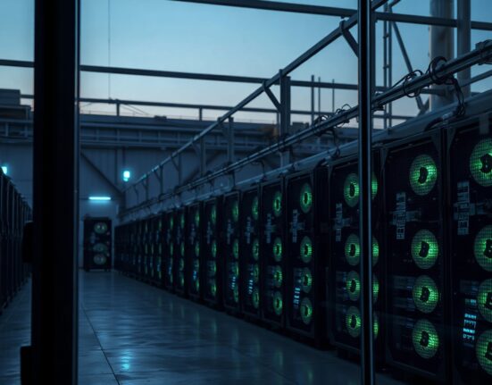Rows of Bitcoin mining machines in an industrial facility, illustrating the scale of mining operations.