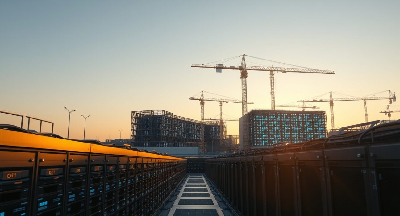 Bitcoin mining facility transitioning to AI data center infrastructure at dusk