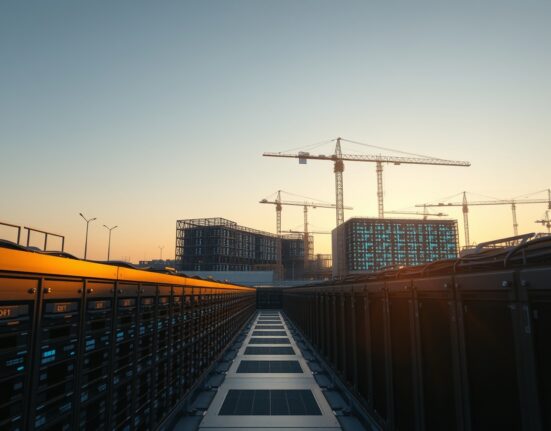 Bitcoin mining facility transitioning to AI data center infrastructure at dusk