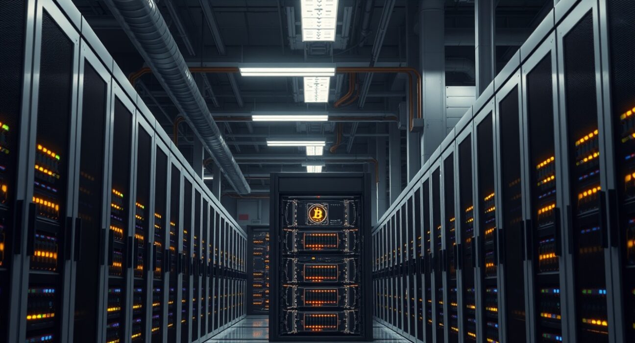 Industrial Bitcoin mining facility showing rows of cryptocurrency mining hardware in data center.