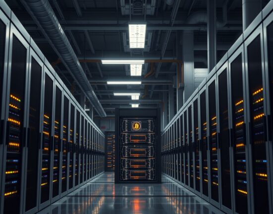 Industrial Bitcoin mining facility showing rows of cryptocurrency mining hardware in data center.