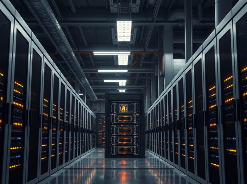 Industrial Bitcoin mining facility showing rows of cryptocurrency mining hardware in data center.