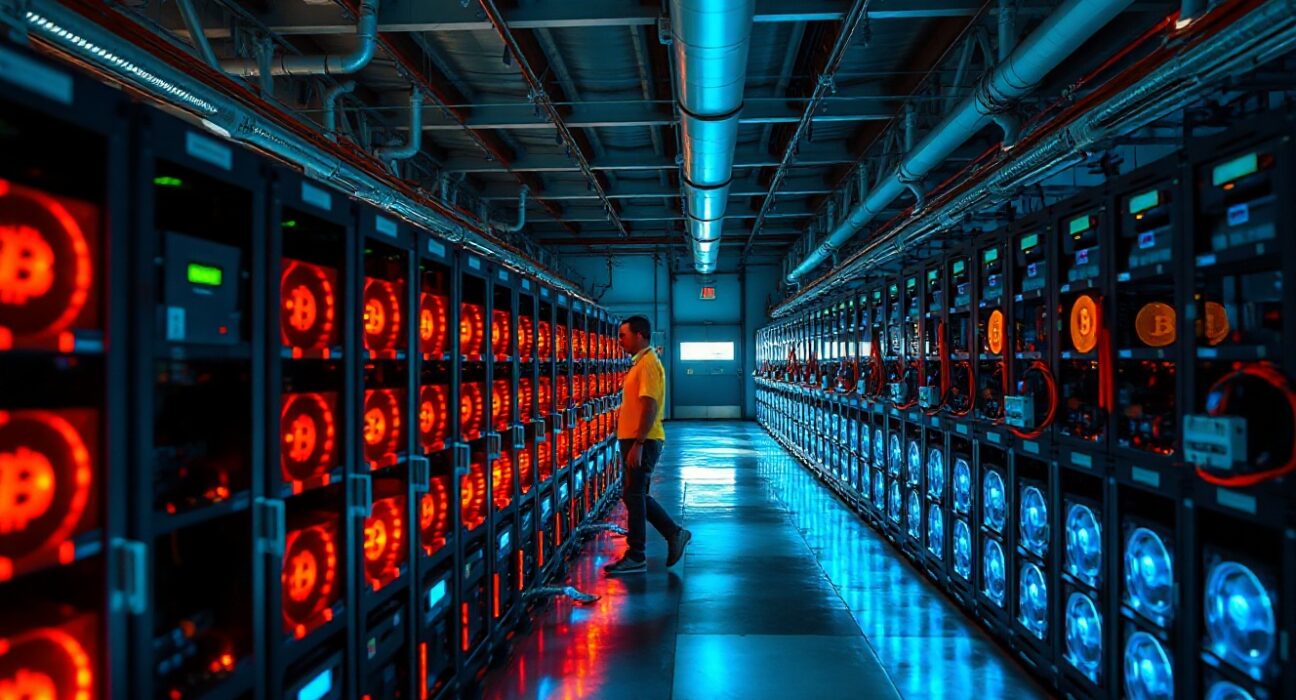 Rows of Bitcoin mining rigs in an industrial facility with a technician walking between them