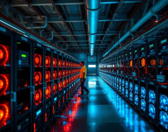 Rows of Bitcoin mining rigs in an industrial facility with a technician walking between them