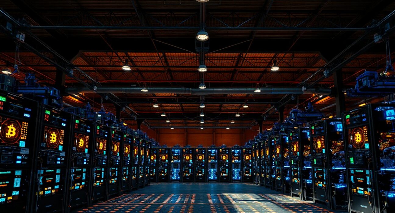 Bitcoin mining facility with rows of mining rigs in operation