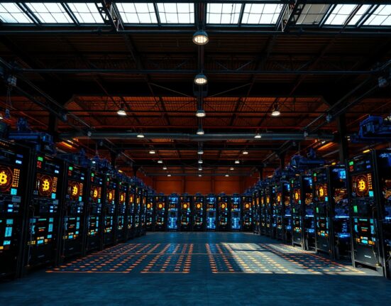 Bitcoin mining facility with rows of mining rigs in operation