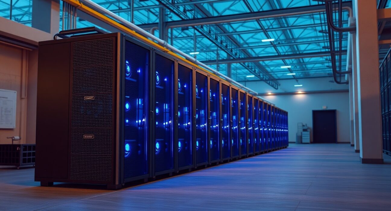 Industrial Bitcoin mining facility with rows of active ASIC miners, representing the source of the recent 61,000 BTC sell-off.