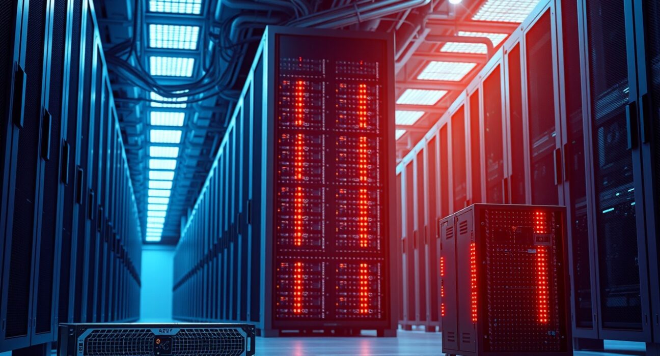 A data center server room symbolizing the transition from Bitcoin mining to AI infrastructure.