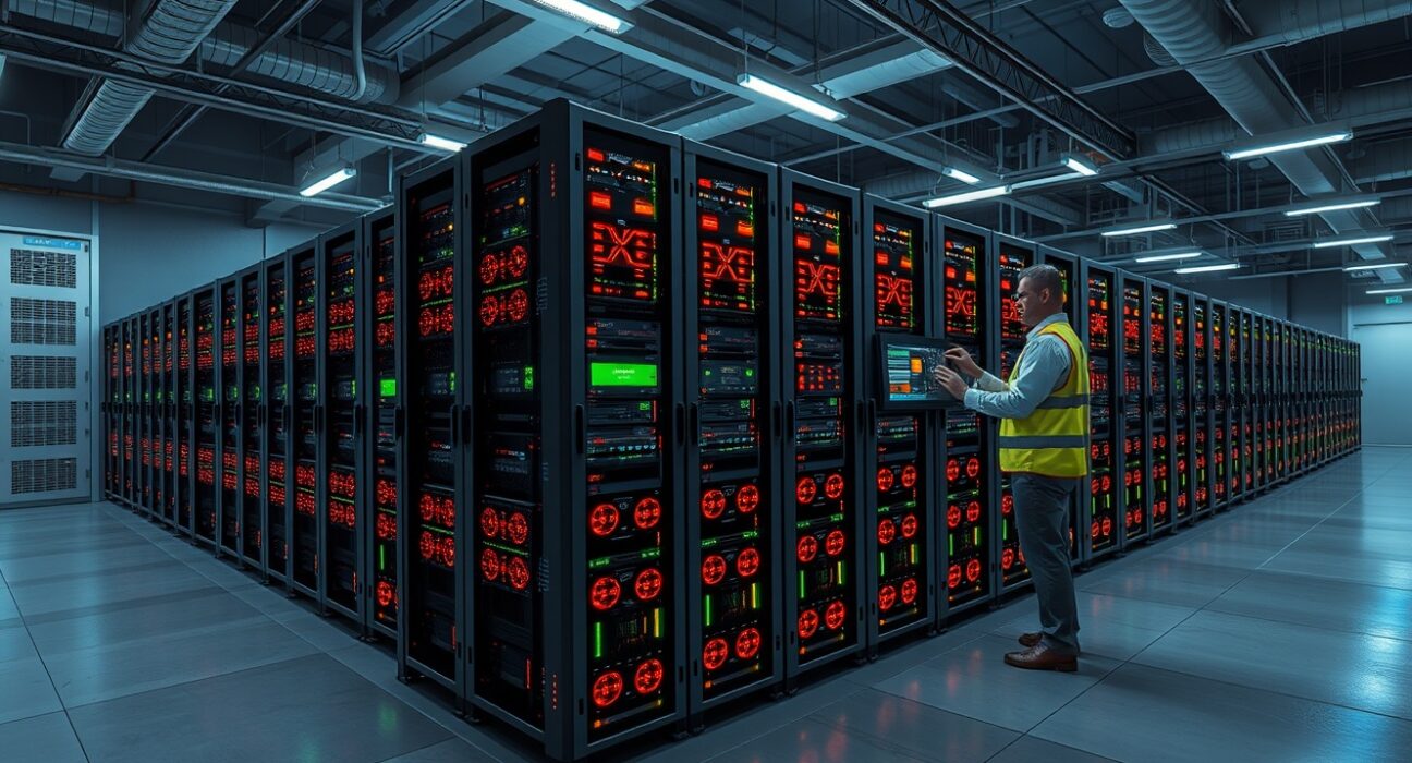 Industrial Bitcoin mining facility showing technician monitoring ASIC mining rigs during profitability crisis.