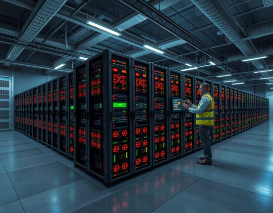 Industrial Bitcoin mining facility showing technician monitoring ASIC mining rigs during profitability crisis.