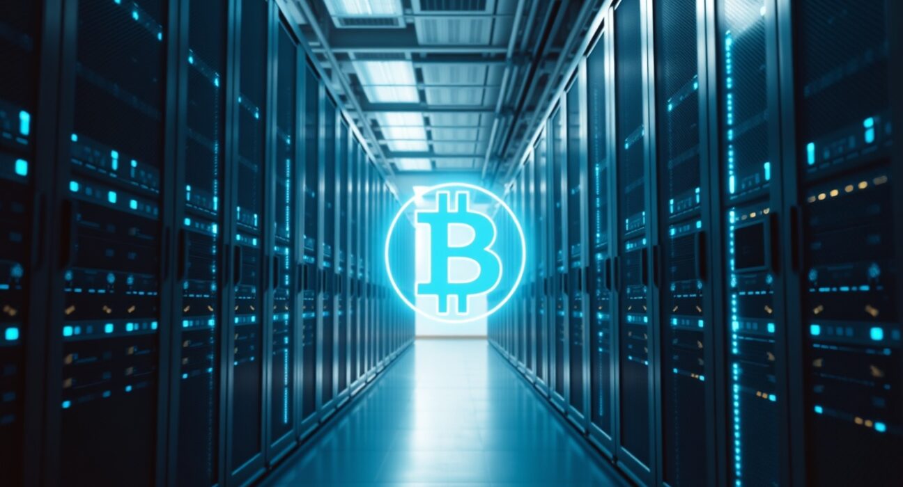 Modern data center interior with server racks and Bitcoin hologram symbolizing AI and crypto convergence