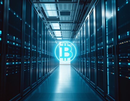 Modern data center interior with server racks and Bitcoin hologram symbolizing AI and crypto convergence