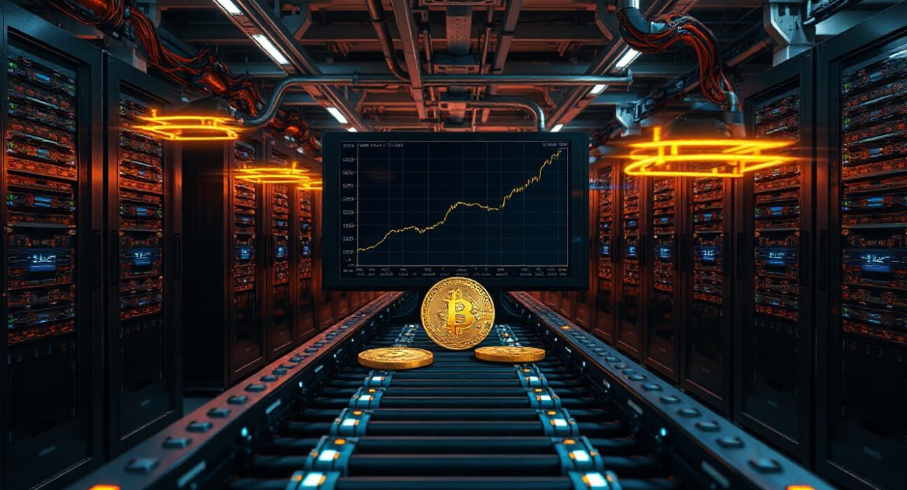 Bitcoin mining facility with digital chart display showing recent BTC transfers to NYDIG