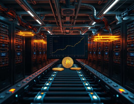 Bitcoin mining facility with digital chart display showing recent BTC transfers to NYDIG
