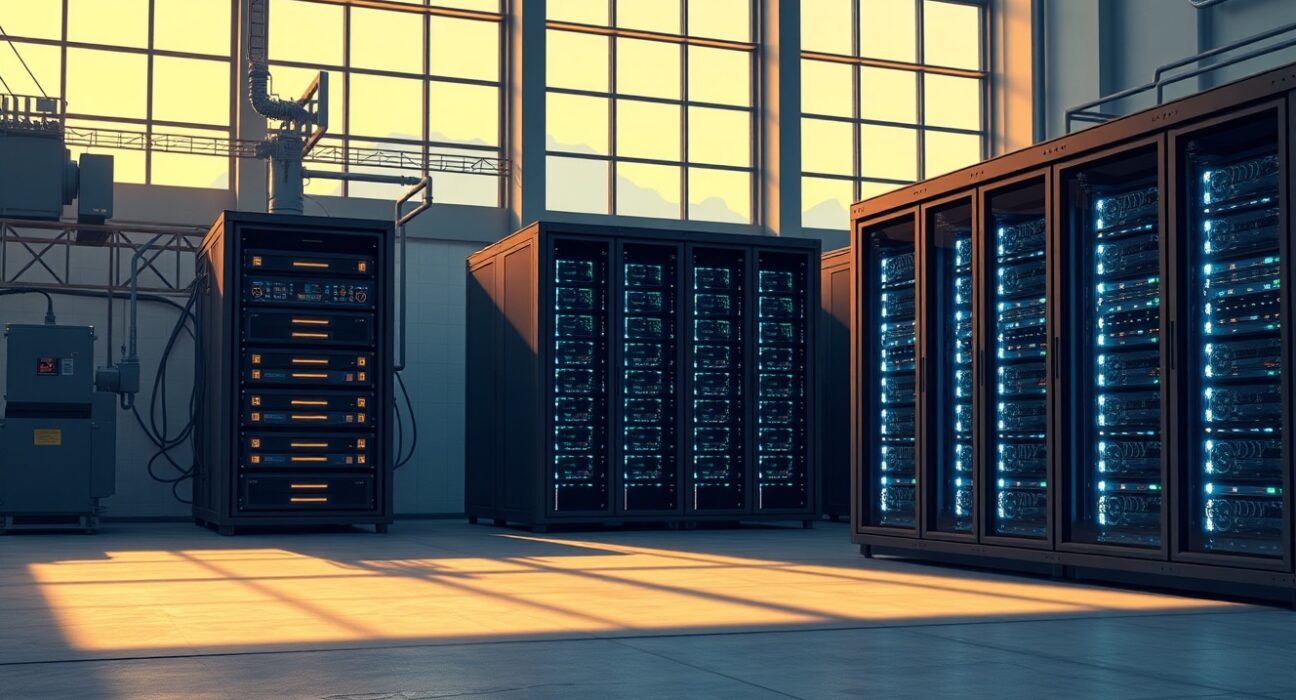 Bitcoin mining and AI server infrastructure in modern data center showing energy convergence