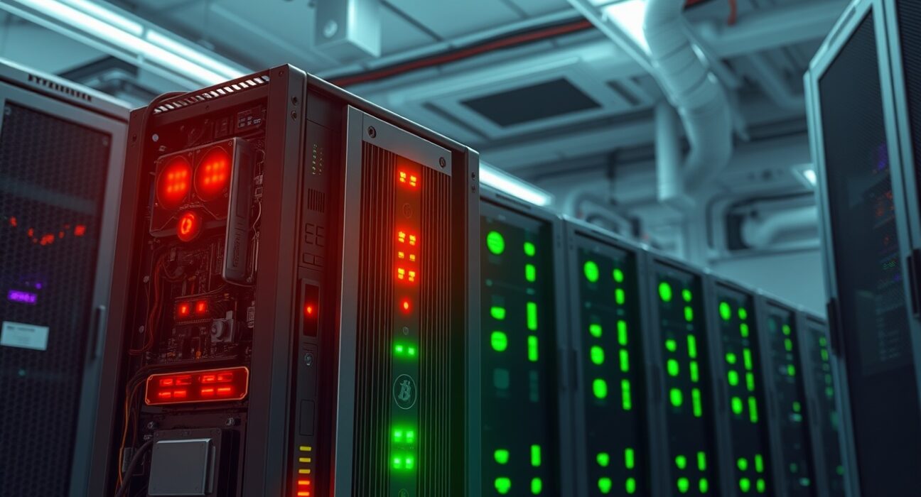Bitcoin mining rigs showing operational stress in data center environment during profitability crisis.