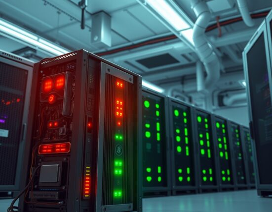 Bitcoin mining rigs showing operational stress in data center environment during profitability crisis.