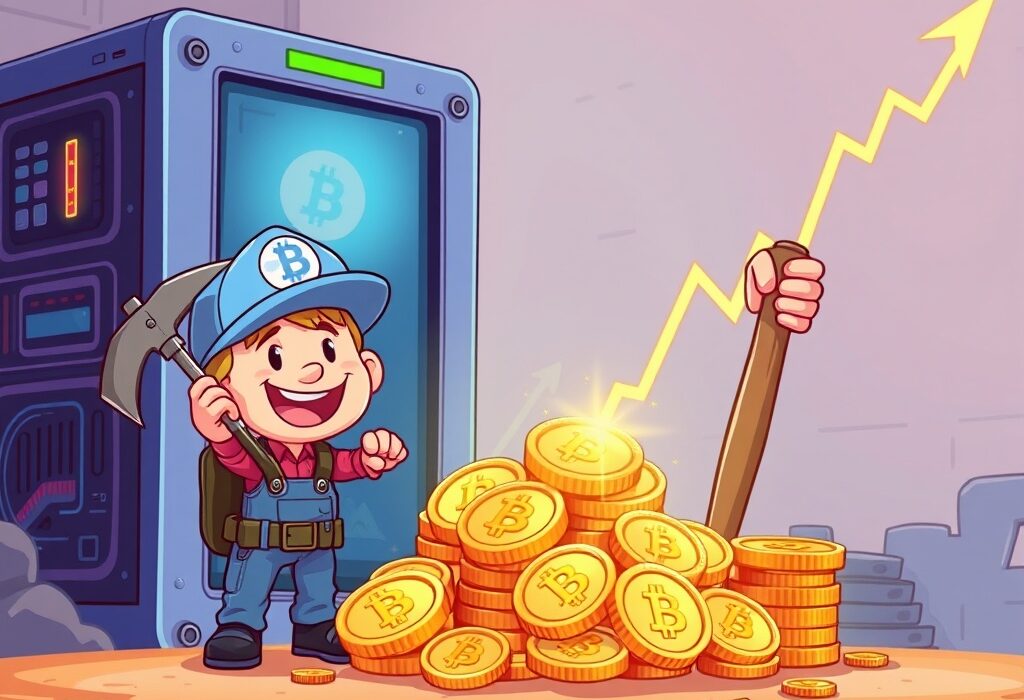 Cartoon illustration depicting successful Bitcoin mining operations by Abits Group, highlighting strong BTC production.