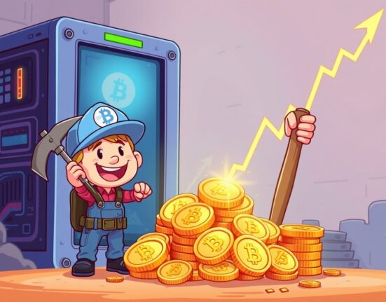 Cartoon illustration depicting successful Bitcoin mining operations by Abits Group, highlighting strong BTC production.