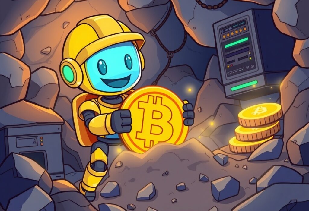 Cartoon illustration of a successful Bitcoin mining operation, symbolizing Bitdeer's significant BTC accumulation and growth in the crypto industry.