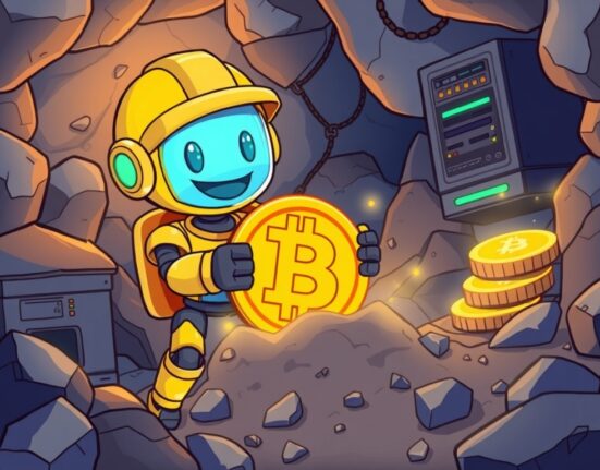 Cartoon illustration of a successful Bitcoin mining operation, symbolizing Bitdeer's significant BTC accumulation and growth in the crypto industry.