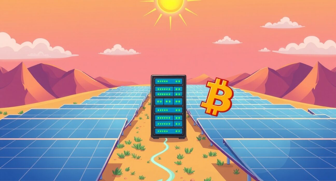 Cartoon illustration showing solar panels generating energy for Bitcoin mining operations in Brazil, highlighting sustainable energy use.