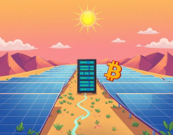 Cartoon illustration showing solar panels generating energy for Bitcoin mining operations in Brazil, highlighting sustainable energy use.