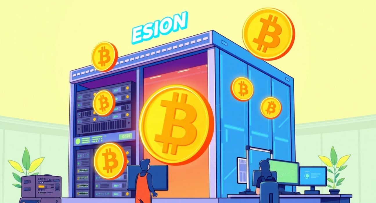 A cartoon illustration depicting an esports company expanding its Bitcoin mining business, symbolizing growth and strategic investment in cryptocurrency operations.