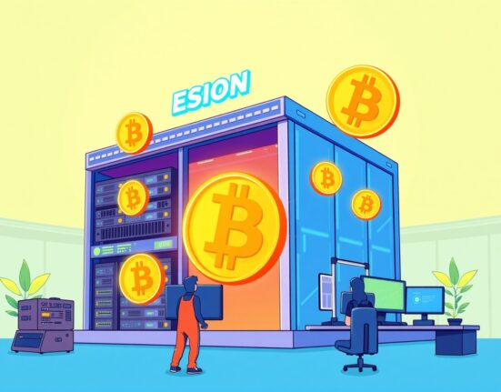 A cartoon illustration depicting an esports company expanding its Bitcoin mining business, symbolizing growth and strategic investment in cryptocurrency operations.