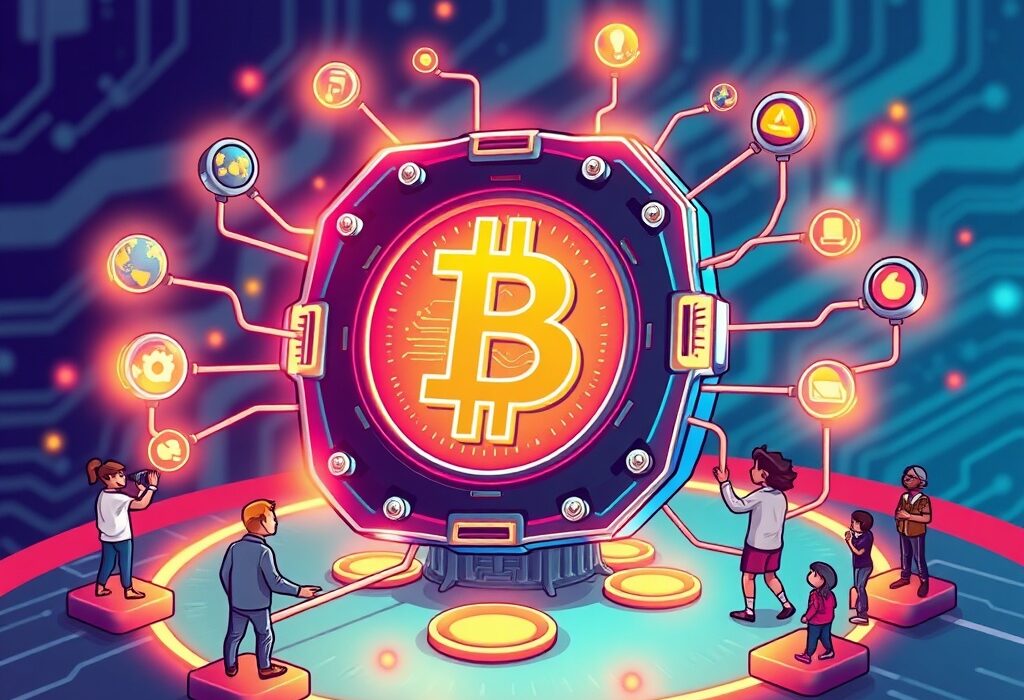 A vibrant cartoon illustration of a powerful new Bitcoin mining chip, symbolizing Block's push for decentralized mining and wider Bitcoin adoption.