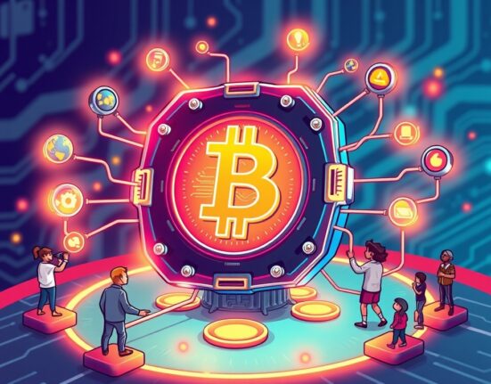 A vibrant cartoon illustration of a powerful new Bitcoin mining chip, symbolizing Block's push for decentralized mining and wider Bitcoin adoption.