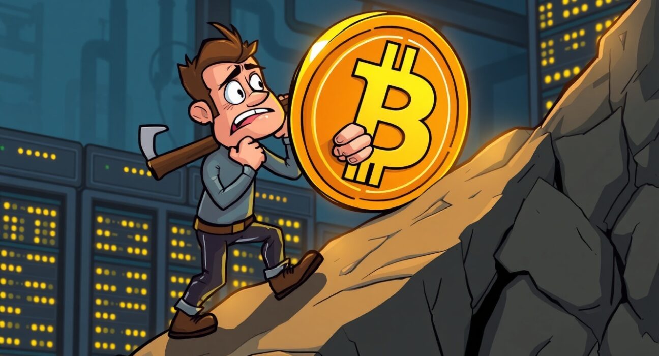 Cartoon illustrating the staggering effort and high Bitcoin mining cost for public companies.