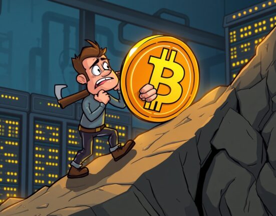 Cartoon illustrating the staggering effort and high Bitcoin mining cost for public companies.
