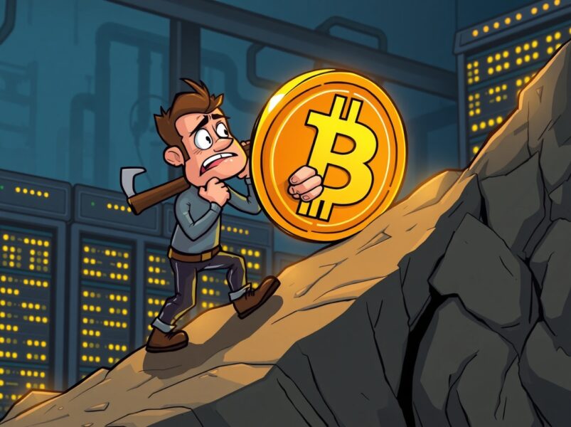 Cartoon illustrating the staggering effort and high Bitcoin mining cost for public companies.