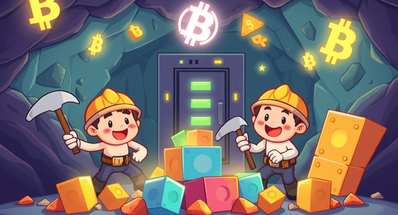 Bitcoin mining difficulty adjustment shown through cartoon miners working on blockchain blocks