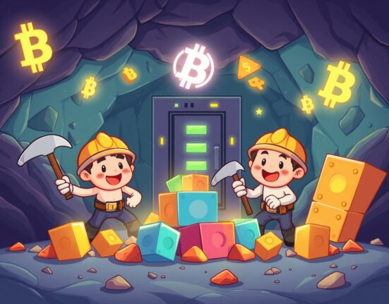 Bitcoin mining difficulty adjustment shown through cartoon miners working on blockchain blocks