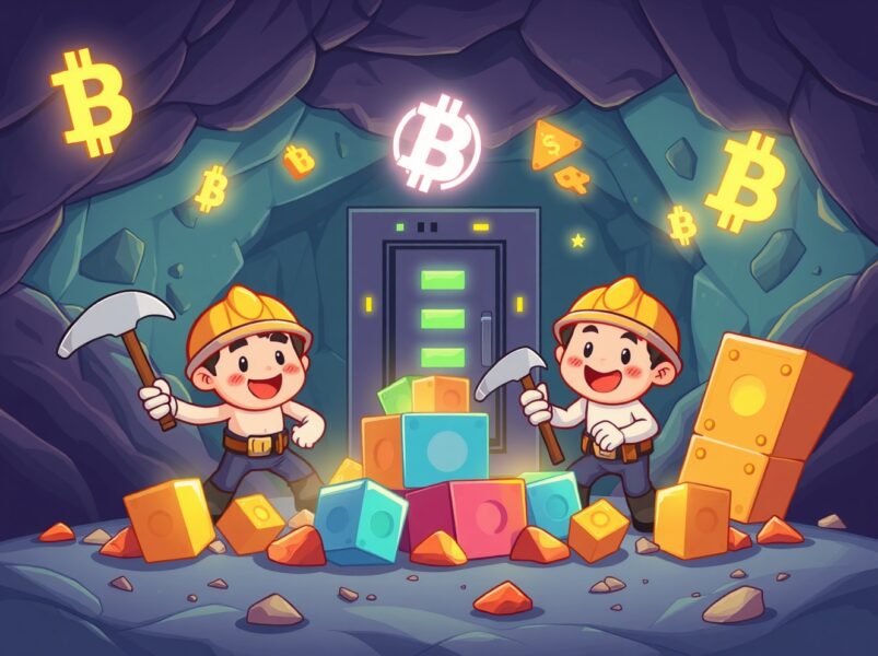 Bitcoin mining difficulty adjustment shown through cartoon miners working on blockchain blocks