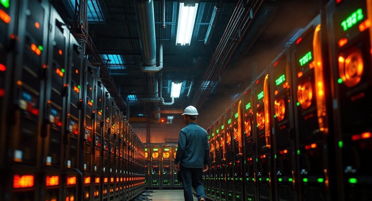 Rows of Bitcoin mining machines inside a large facility with a worker inspecting the hardware.