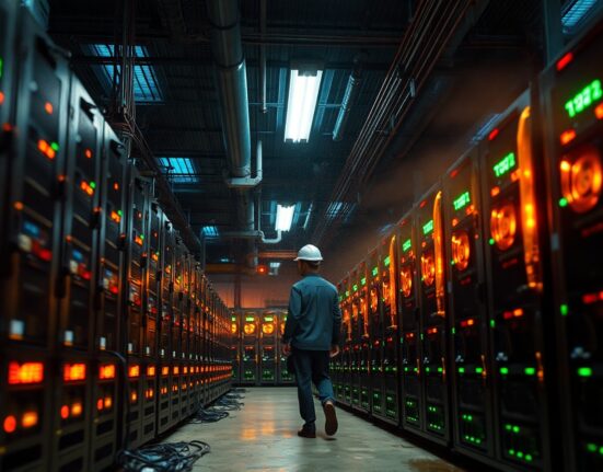 Rows of Bitcoin mining machines inside a large facility with a worker inspecting the hardware.