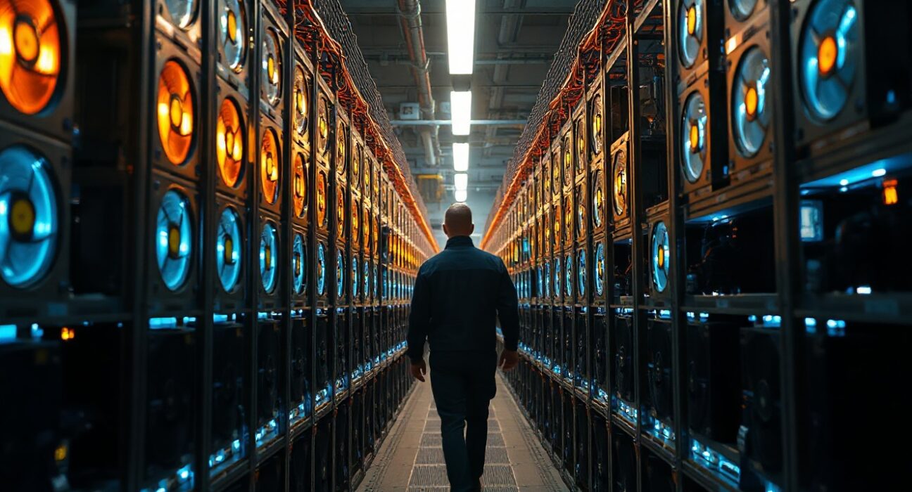 Interior of a Bitcoin mining facility with rows of ASIC miners and a worker walking between the rigs.