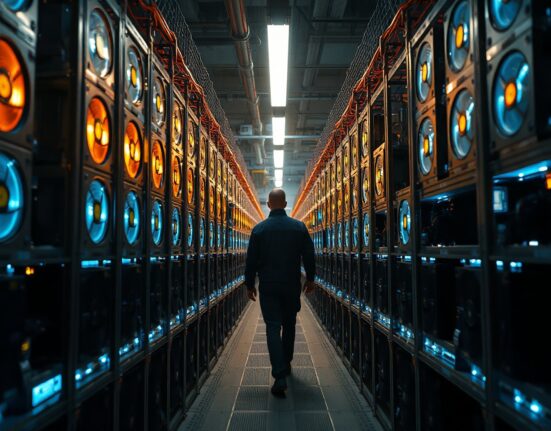 Interior of a Bitcoin mining facility with rows of ASIC miners and a worker walking between the rigs.