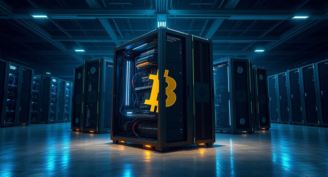 Bitcoin mining difficulty drops 2.30% as ASIC miners operate in a large facility, illustrating the latest network adjustment.