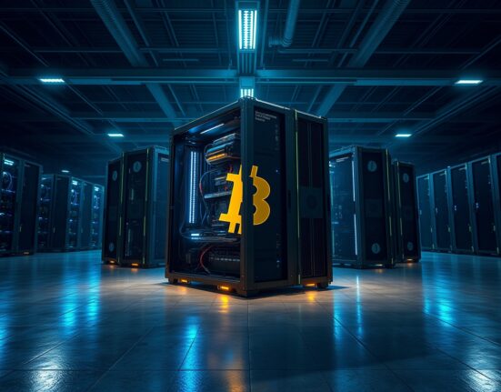 Bitcoin mining difficulty drops 2.30% as ASIC miners operate in a large facility, illustrating the latest network adjustment.
