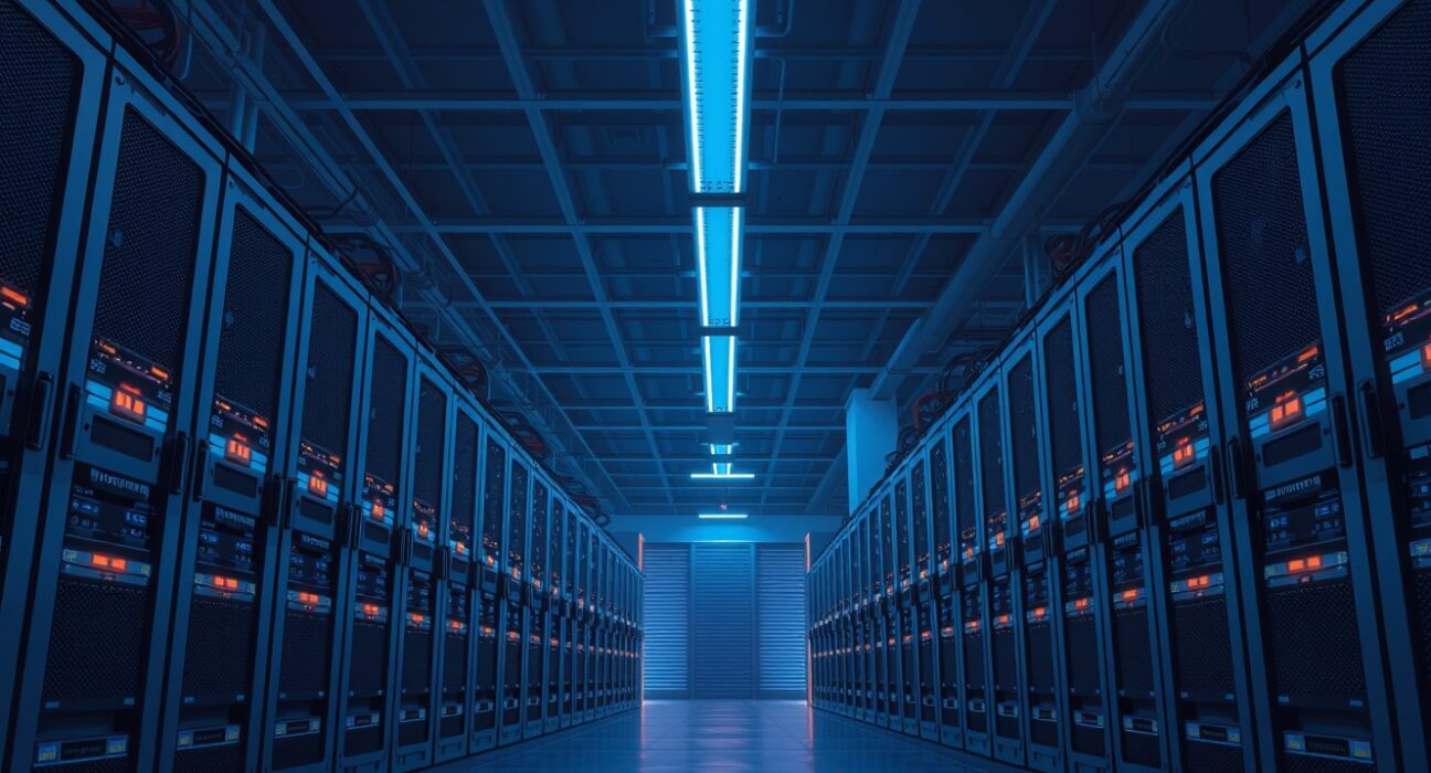 Interior of a large Bitcoin mining facility with rows of ASIC mining rigs glowing blue and orange.
