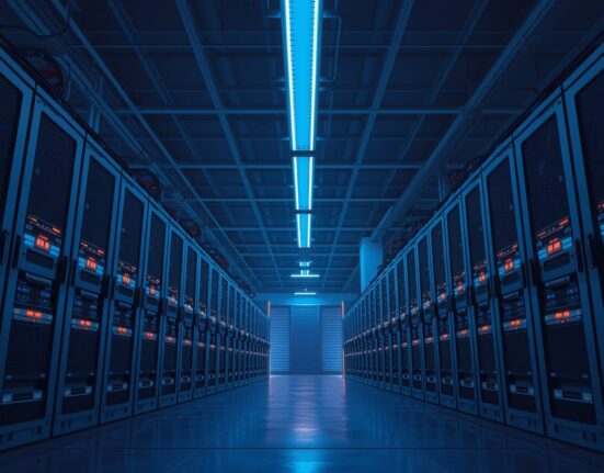 Interior of a large Bitcoin mining facility with rows of ASIC mining rigs glowing blue and orange.