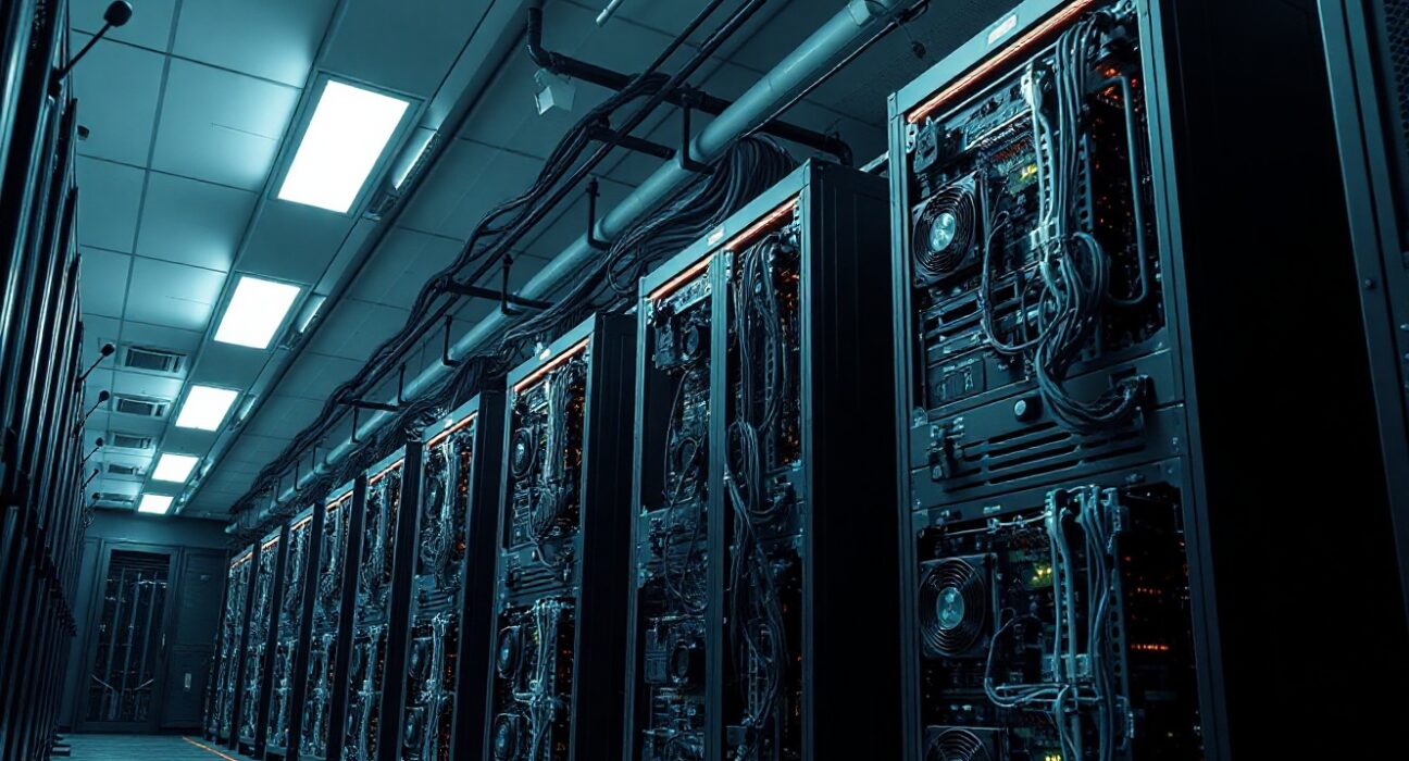 Bitcoin mining facility with some rigs powered down, representing a drop in mining difficulty.