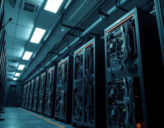 Bitcoin mining facility with some rigs powered down, representing a drop in mining difficulty.
