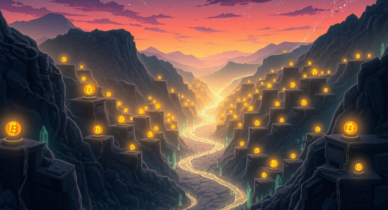 Conceptual illustration of Bitcoin mining difficulty adjustment affecting network security and miner operations.